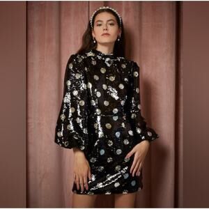 Sister Jane Olympic Long Sleeve Polka Dot Sequin Mini Dress Black Silver Medium